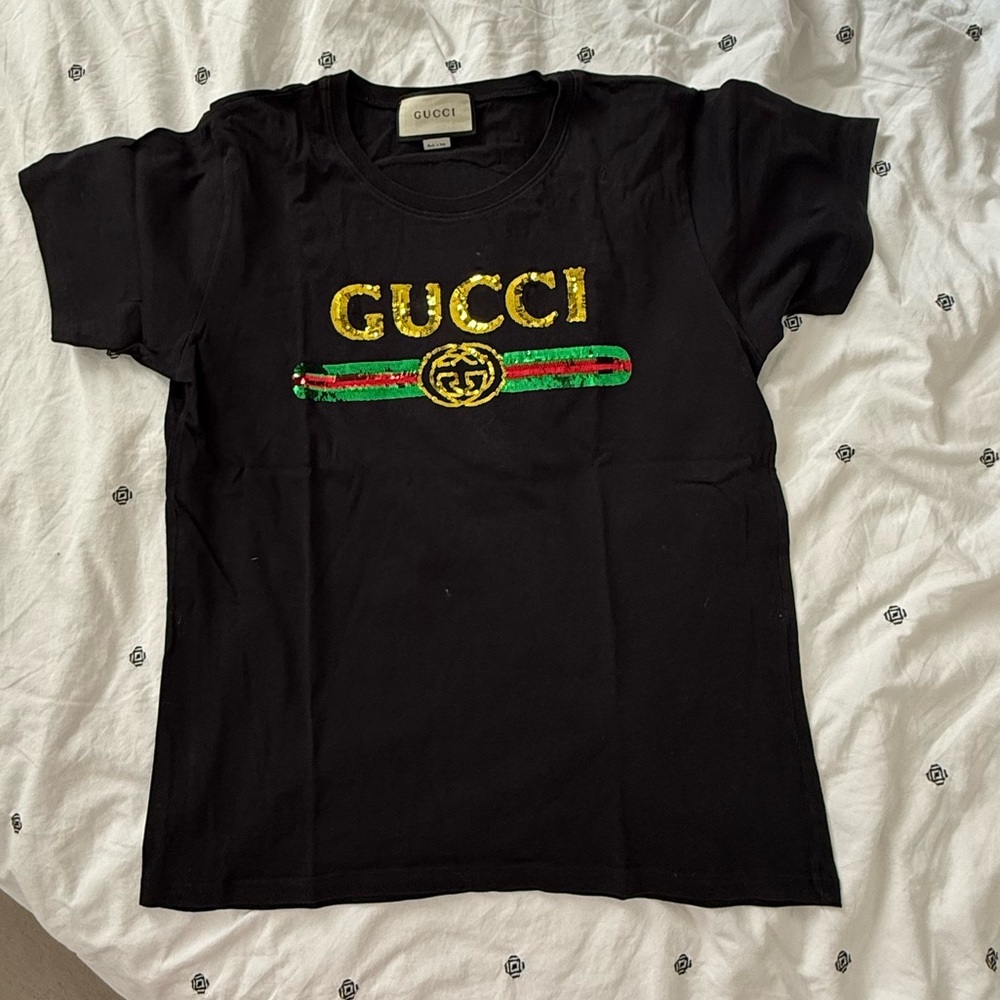 Gucci Black t-shirt with sequins Yellow Logo and tiger on back size S